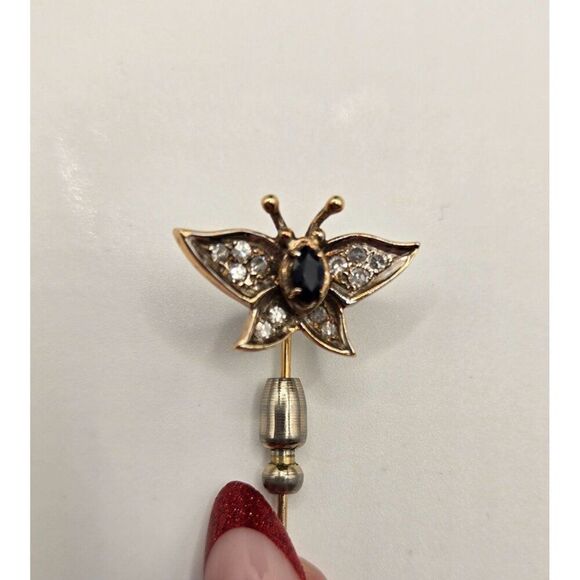 Vintage 14K Gold Butterfly Stick Pin Diamonds Sapphire - Picture 2 of 7